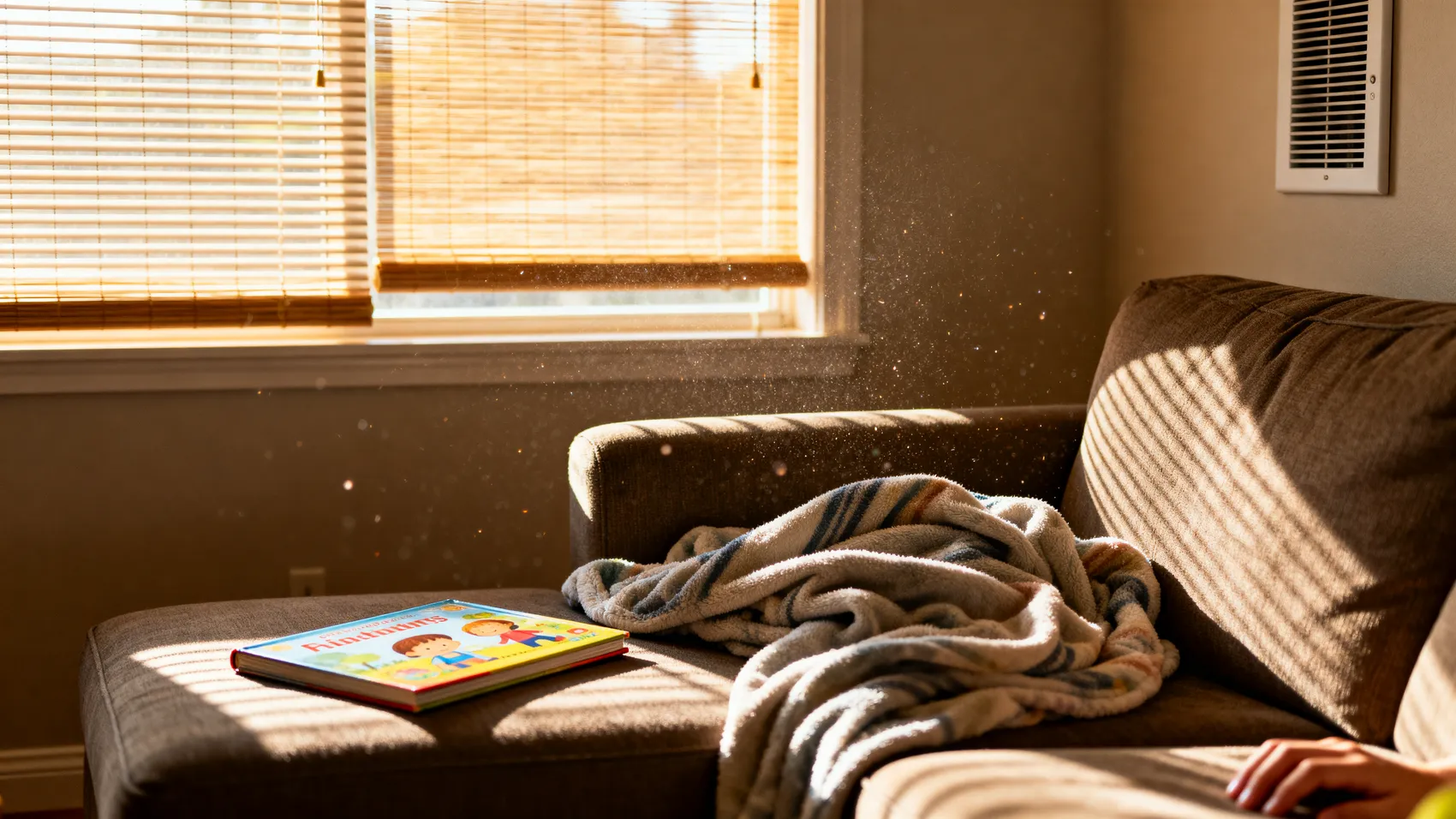 A living room on a hot afternoon with the blinds half drawn