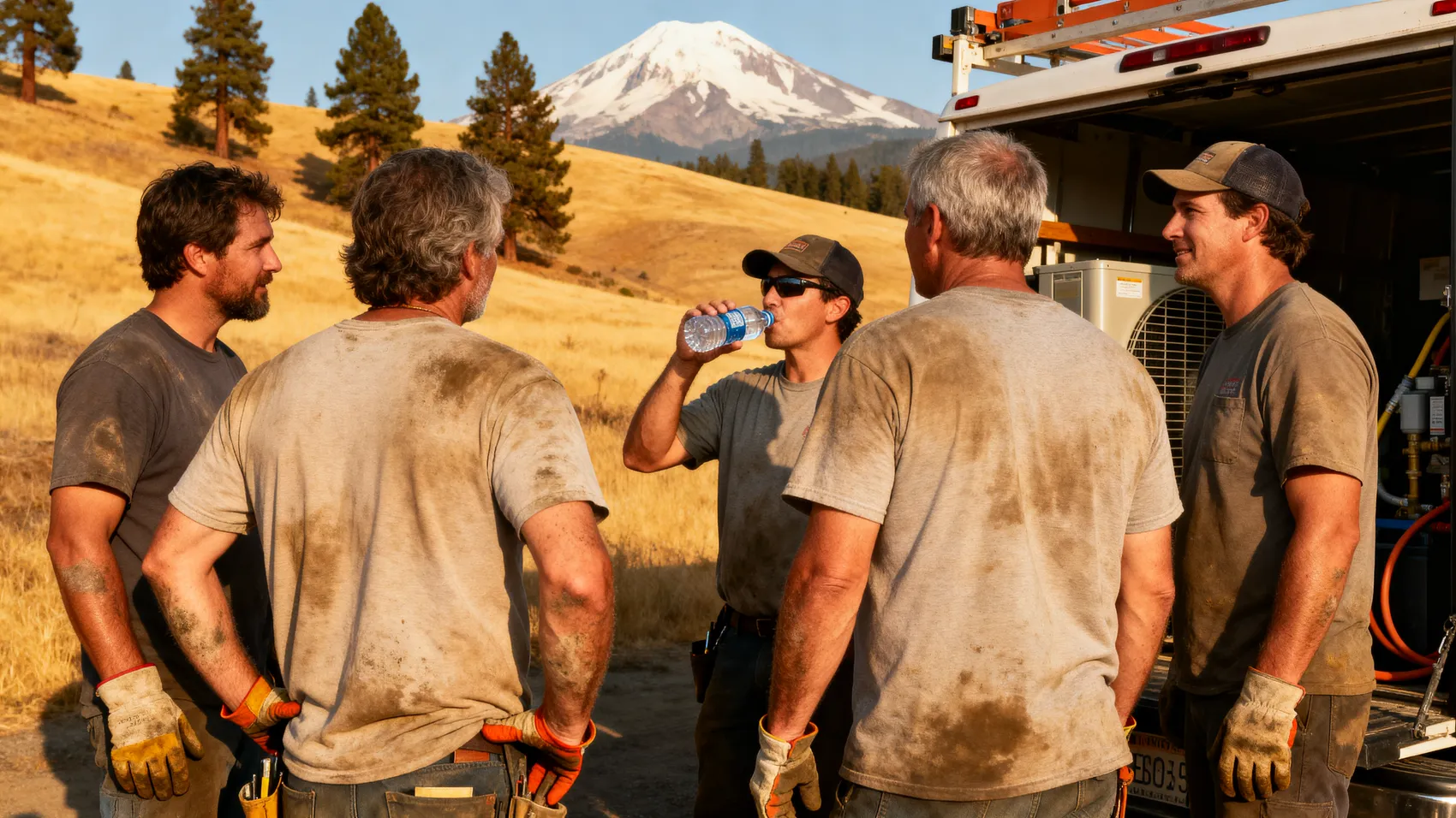 The Northpine crew at the tailgate of a work truck at the end of a shift