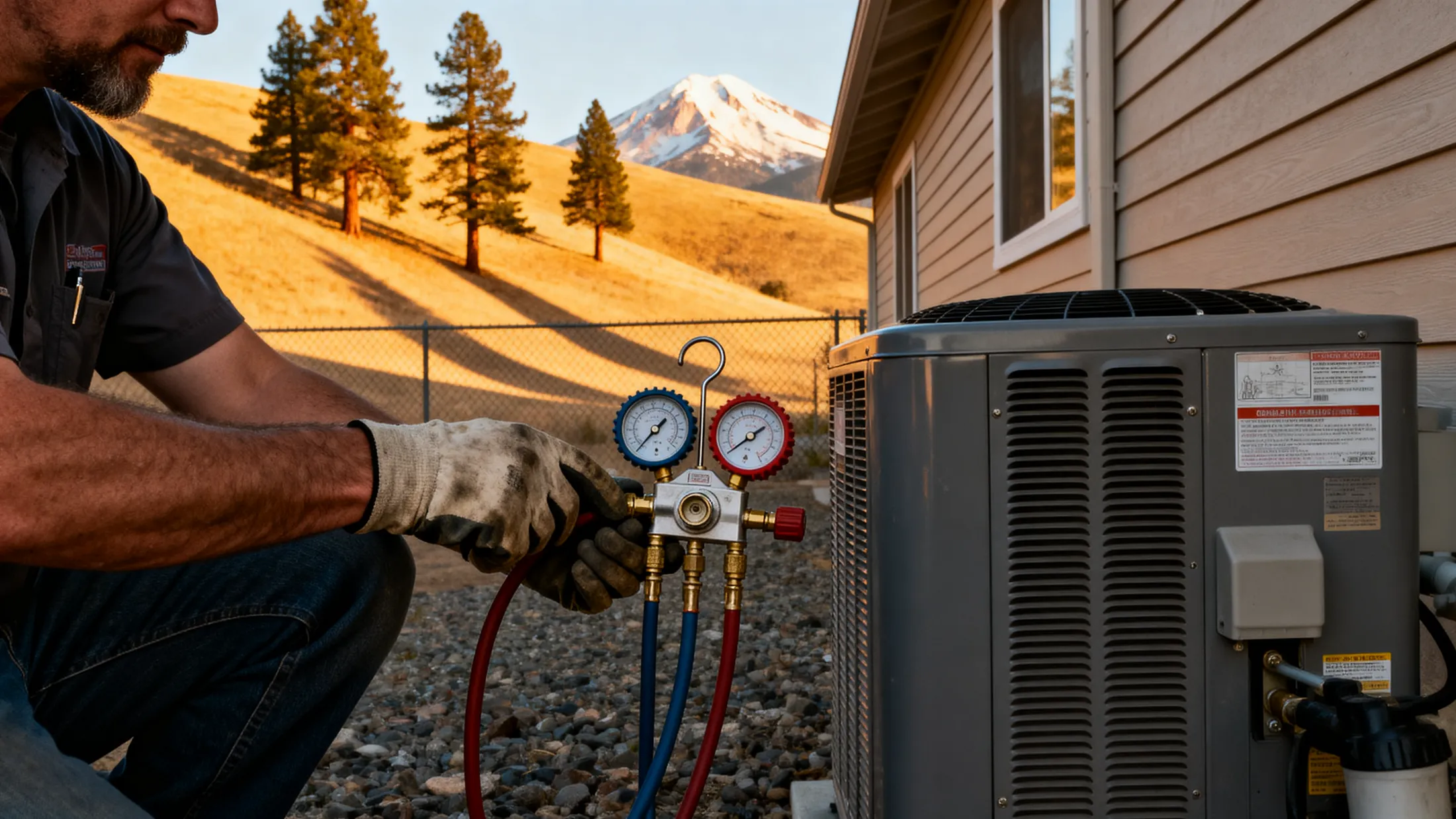 A Northpine technician checking refrigerant pressures at an outdoor condenser unit at golden hour