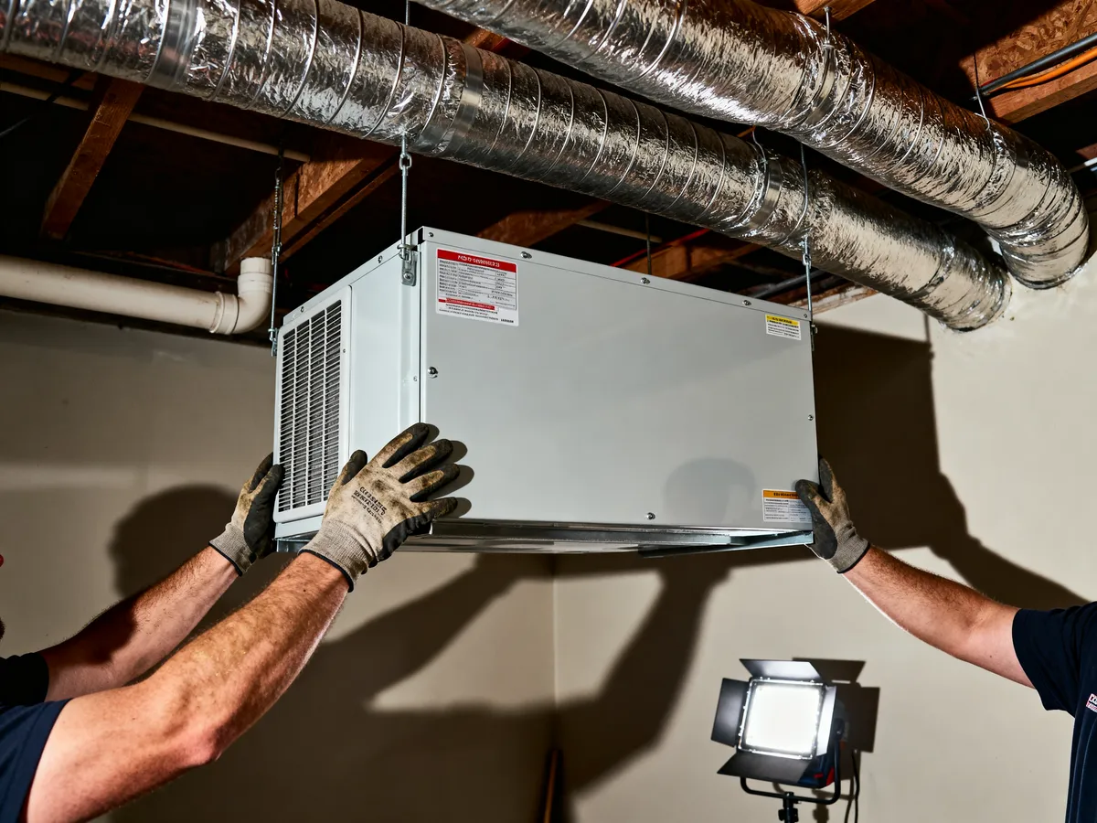 Two technicians lifting an air handler into a garage mechanical room