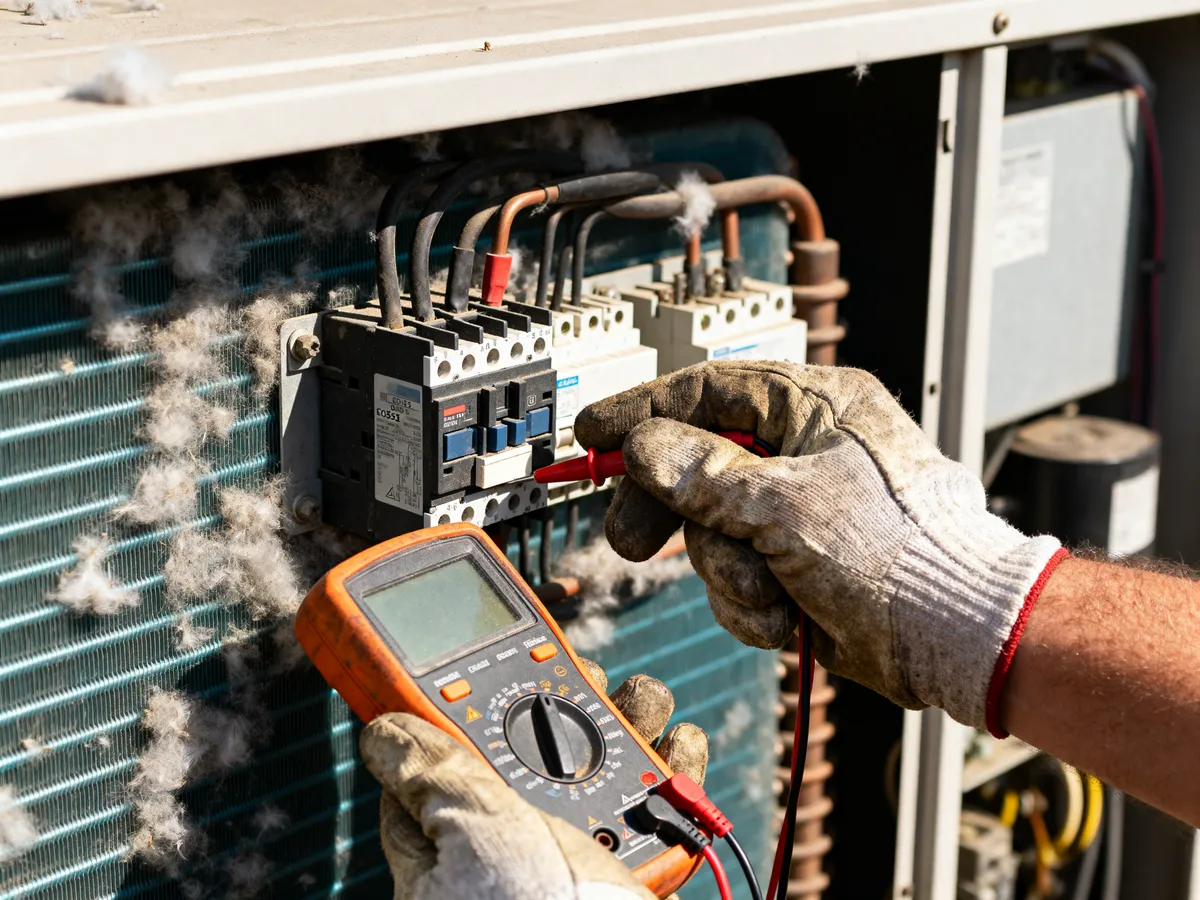 A technician testing a contactor inside an opened condenser cabinet