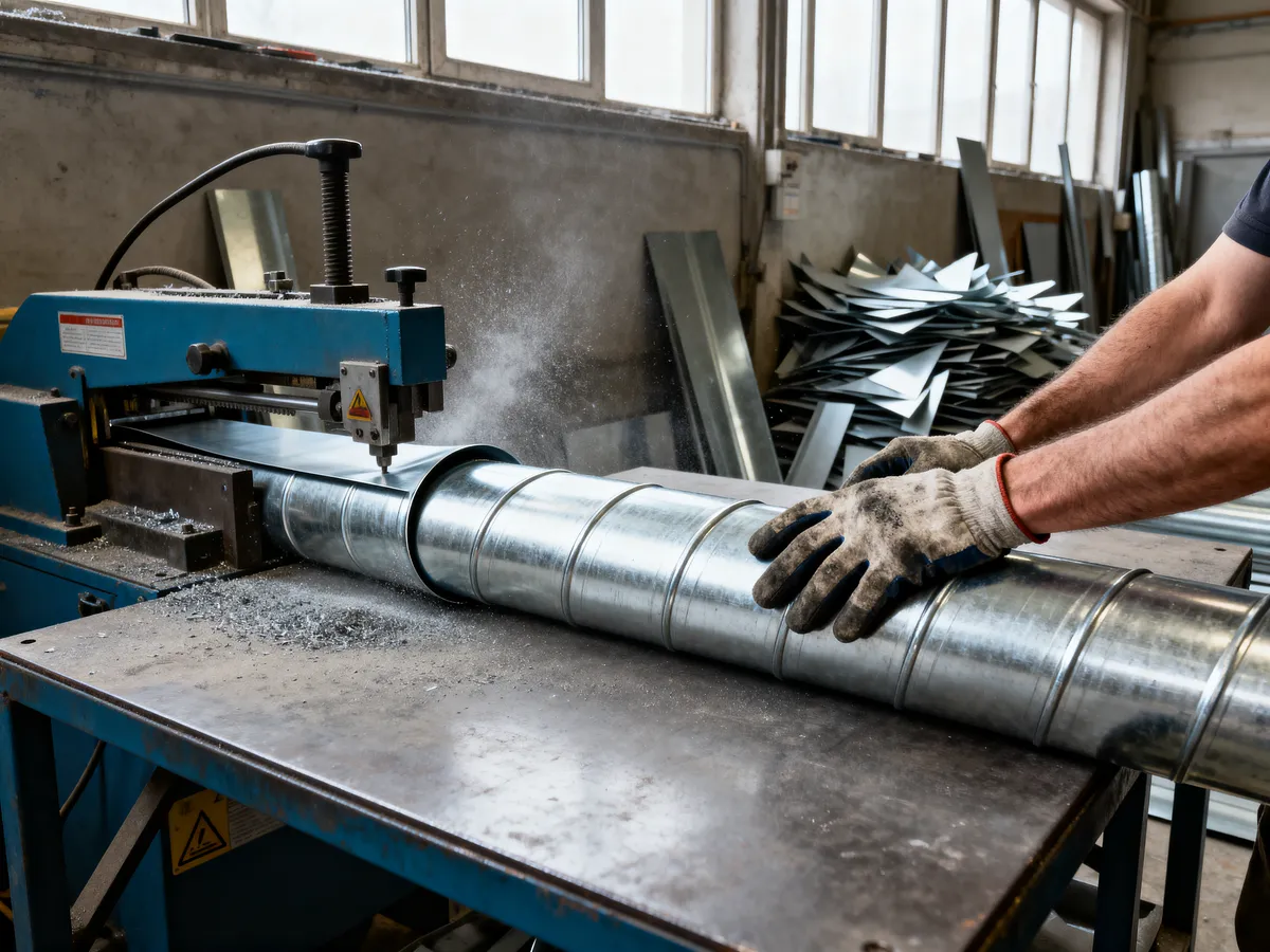 Galvanised duct being formed on a brake press in the Northpine shop
