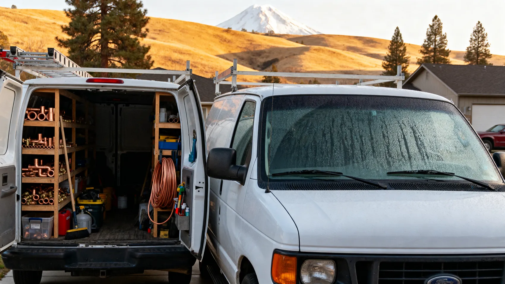 A Northpine service van loaded and open on a residential driveway